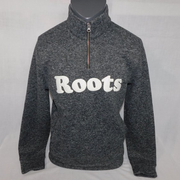ROOTS Mens M Gray Salt & Pepper 1/4 Zip Fleece Lined Pullover Sweater Spellout - Picture 1 of 13
